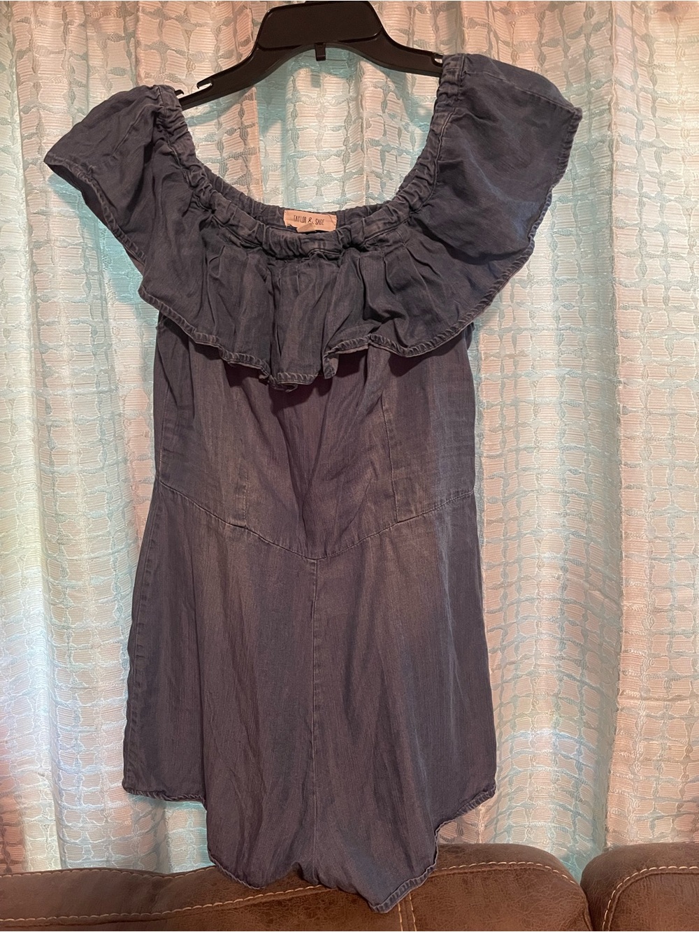 Taylor & Sage Chambray Off-Shoulder Romper in Denim Blue